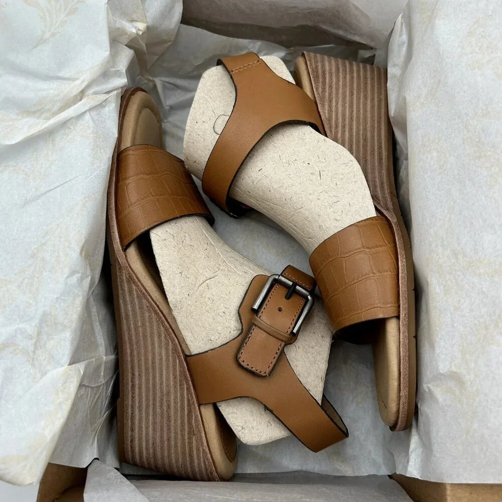 Sofft Garin Women’s Wedge Sandals Size 8.5‎ Brown Open-toe Hook & loop Closure